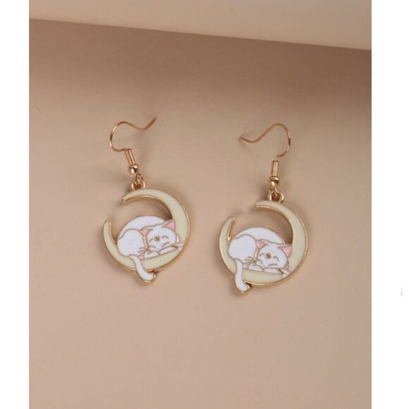 Cat and Moon Drop Earrings - Picture 1 of 4